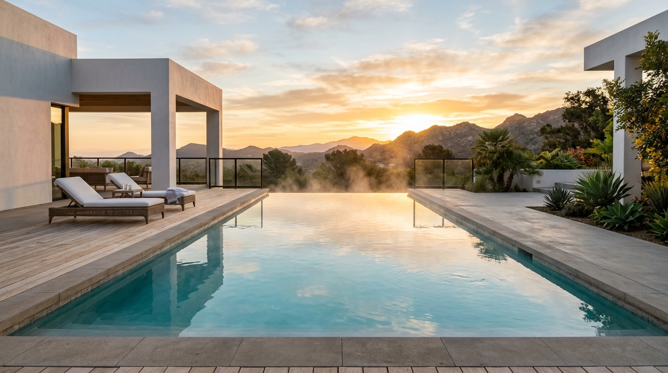 Klidný bazén při východu slunce s tyrkysovou vodou