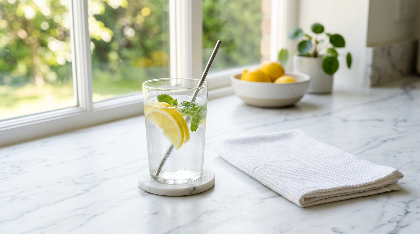 Sklenice vody s citronem a mátou na bílém povrchu