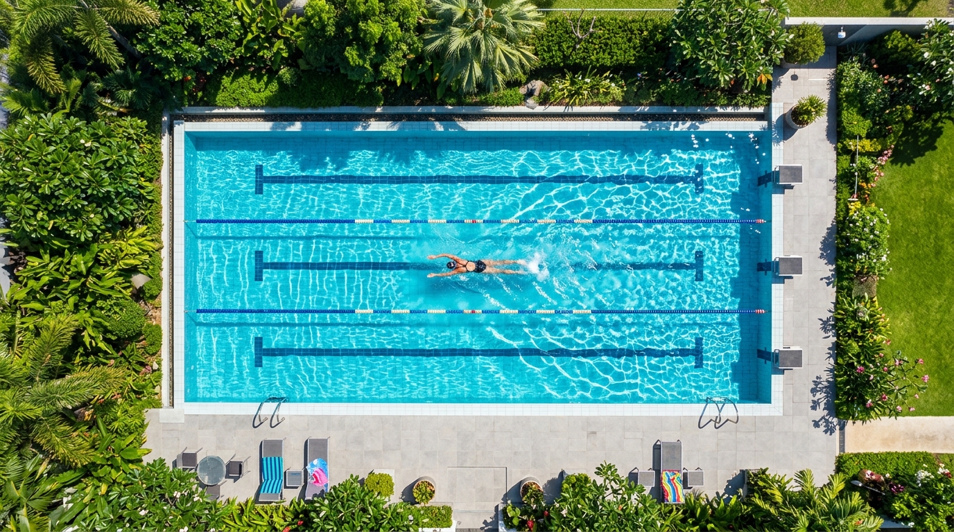 Letecký pohled na plavce v průzračném bazénu